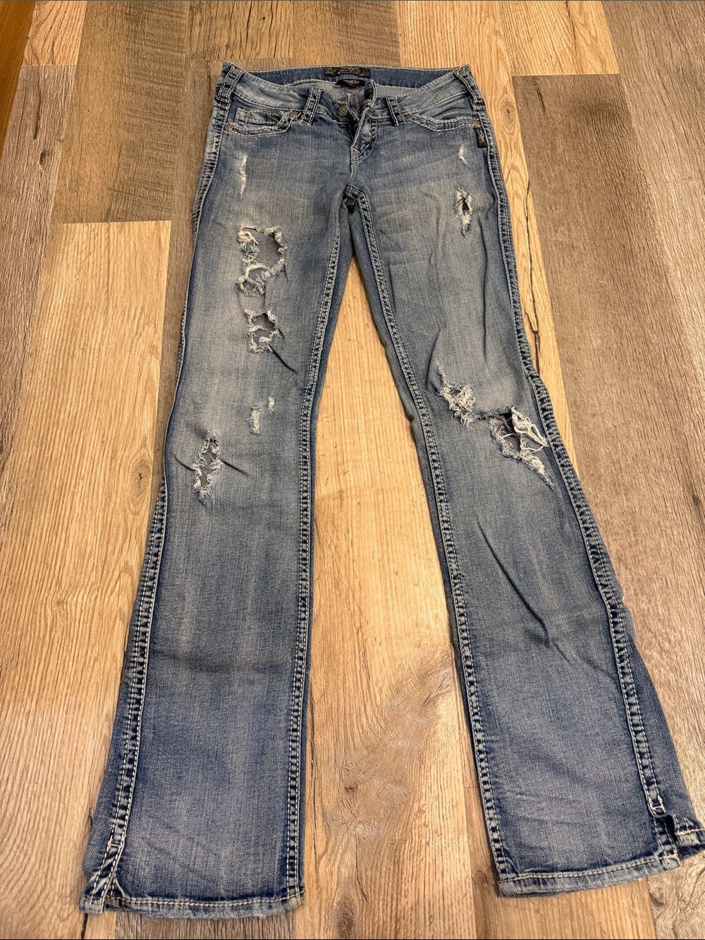 Silver Jeans Women's Frances 17” Distressed Light Blue Flare Jeans
